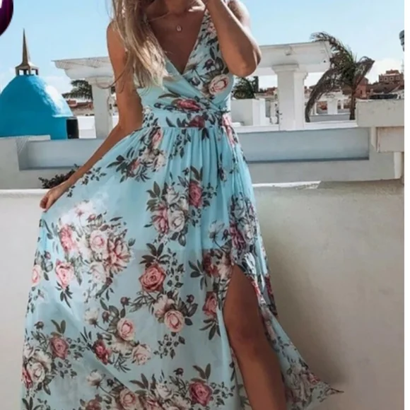 Dresses | Floral Print V Neck High Slit Maxi Beach Dress Size Small